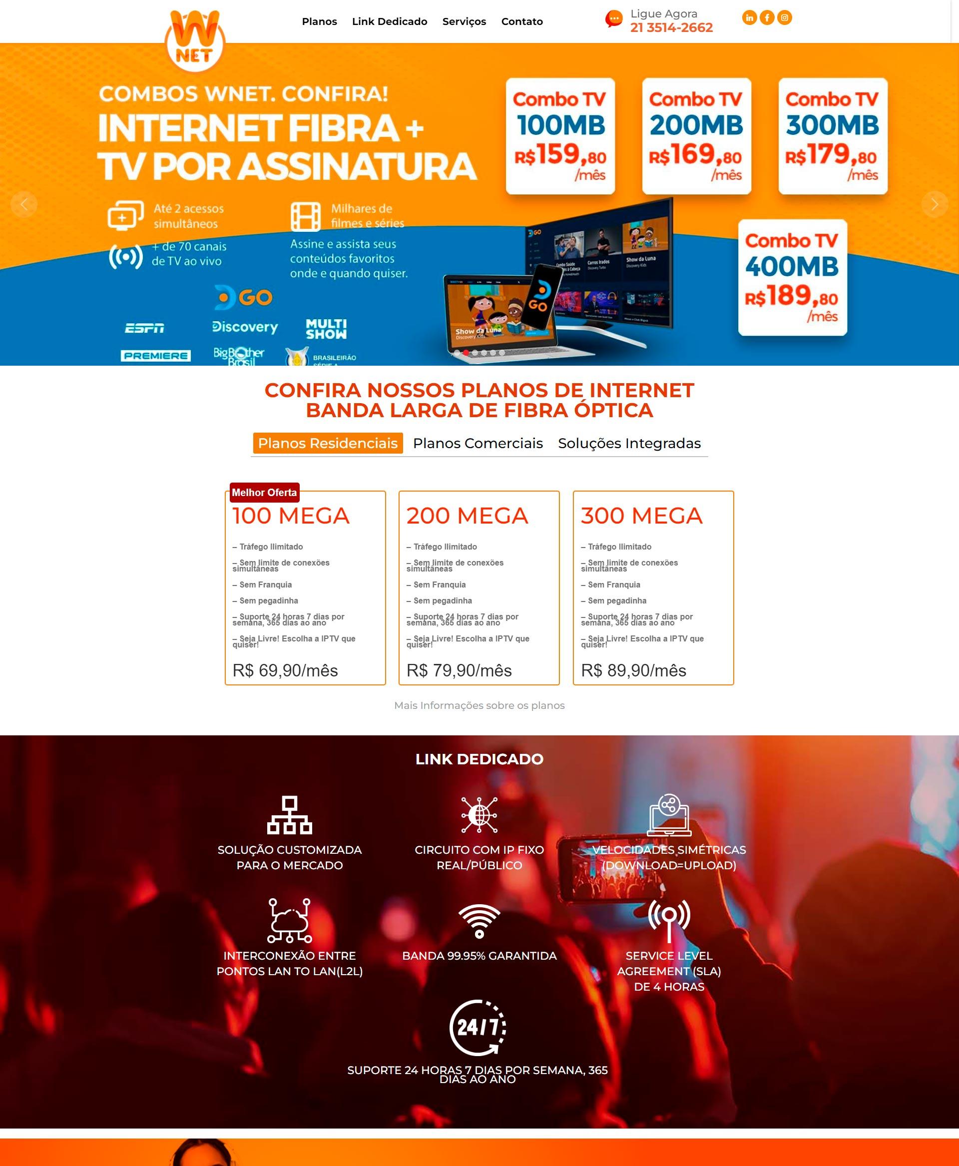 Site da Wnet Internet banda larga Rj